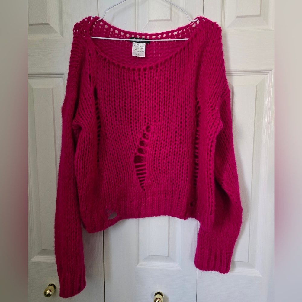 Fuchsia Pink Distressed Knit Sweater M - Picture 4 of 9